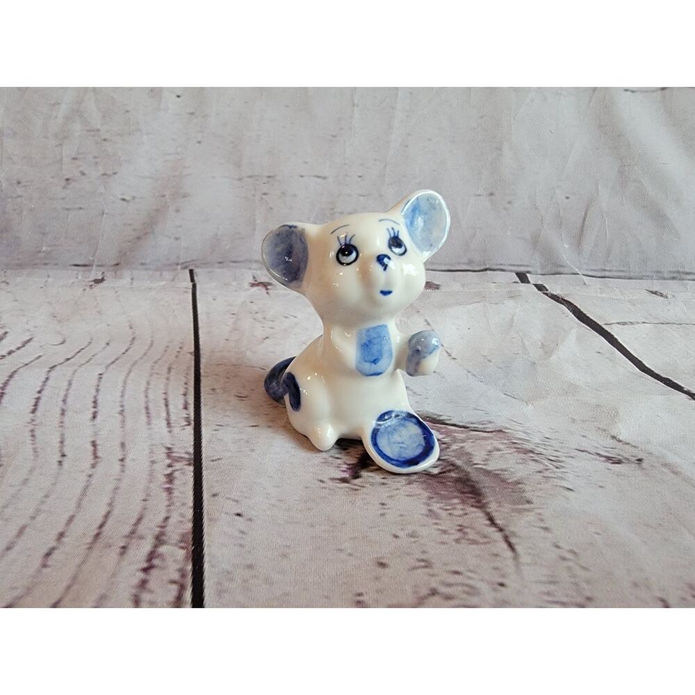 Vintage 1970's Miniature Mice Ceramic Figurines Enesco Handpainted Blue White